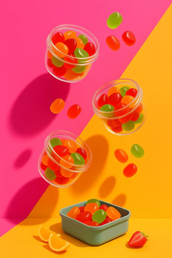 kids protein gummies with multiple colors including strawberry, orange, and green apple.